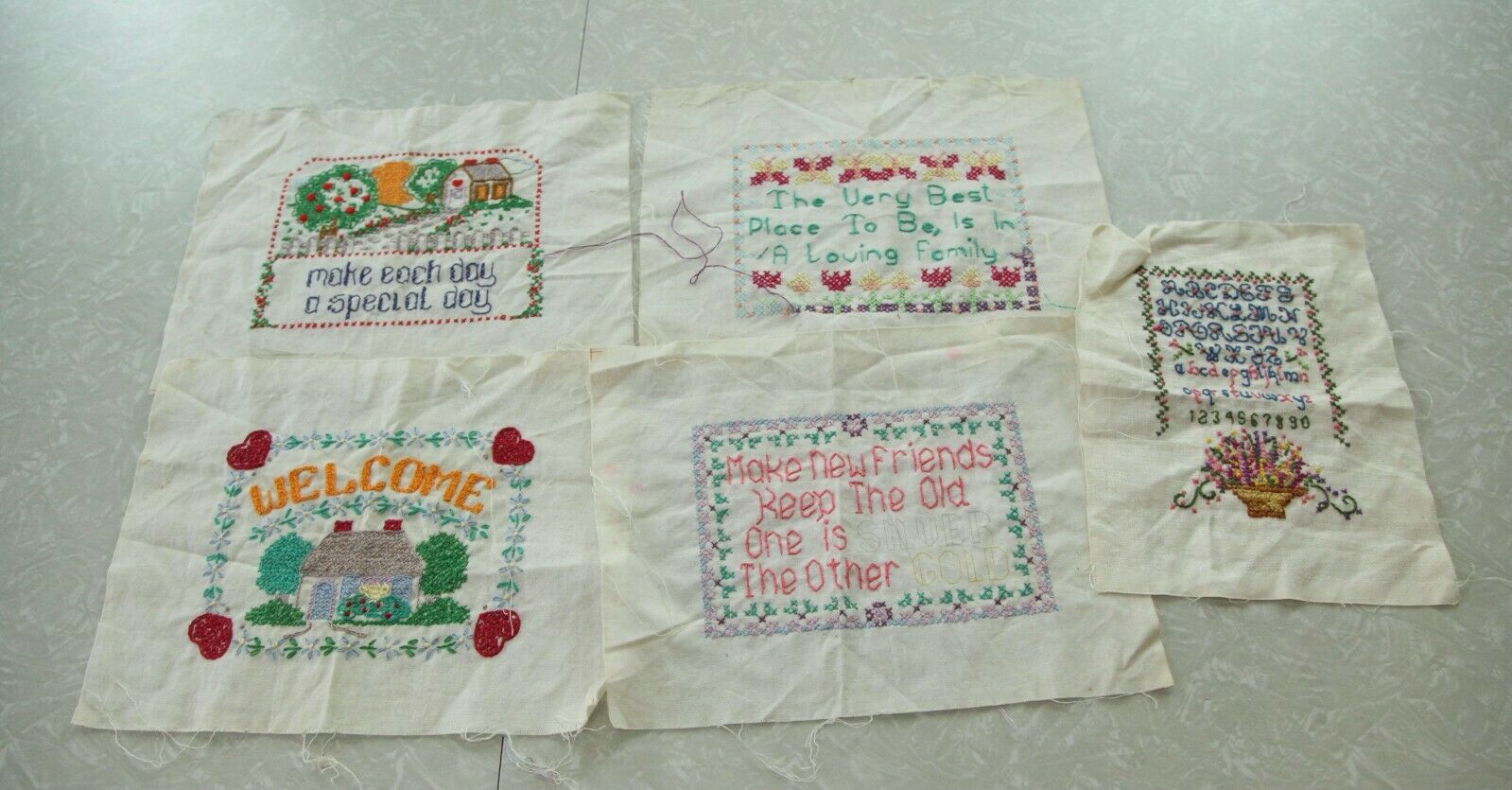 5 Vtg Partially Finished Embroidered Cross Stitch Pieces 5" X 7" Craft Project