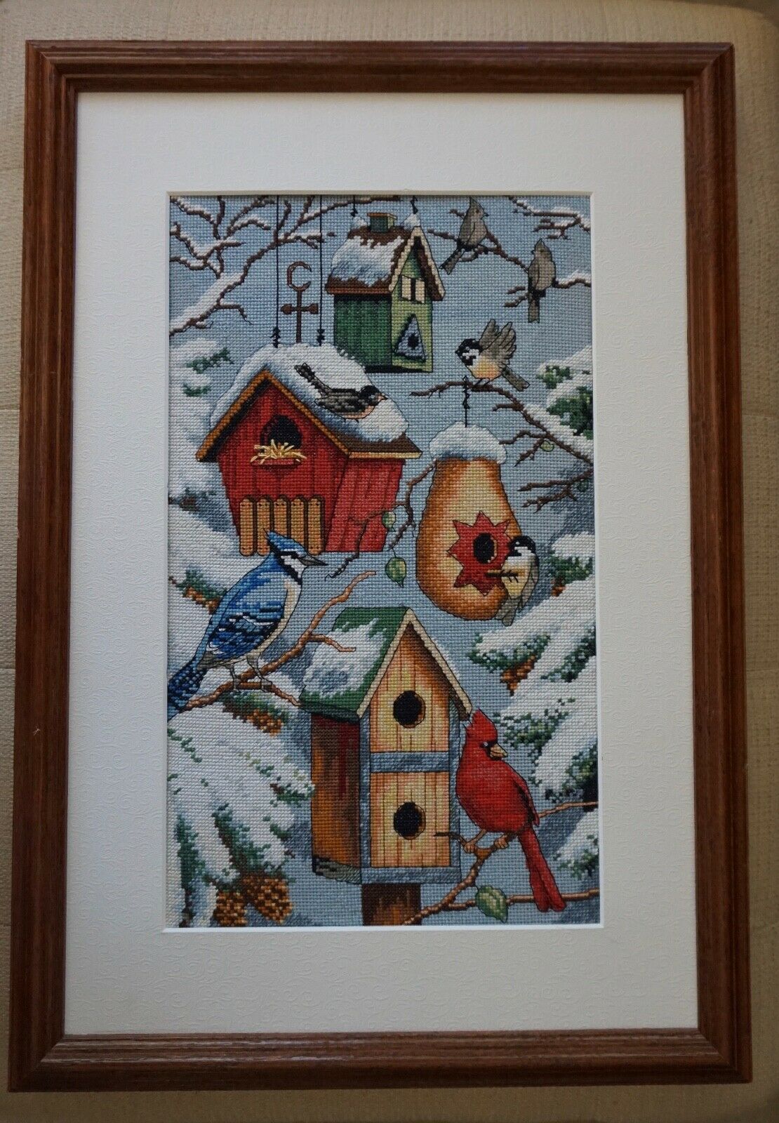 Counted Cross Stitch Birds Birdhouse Completed Framed Finished Picture Snow