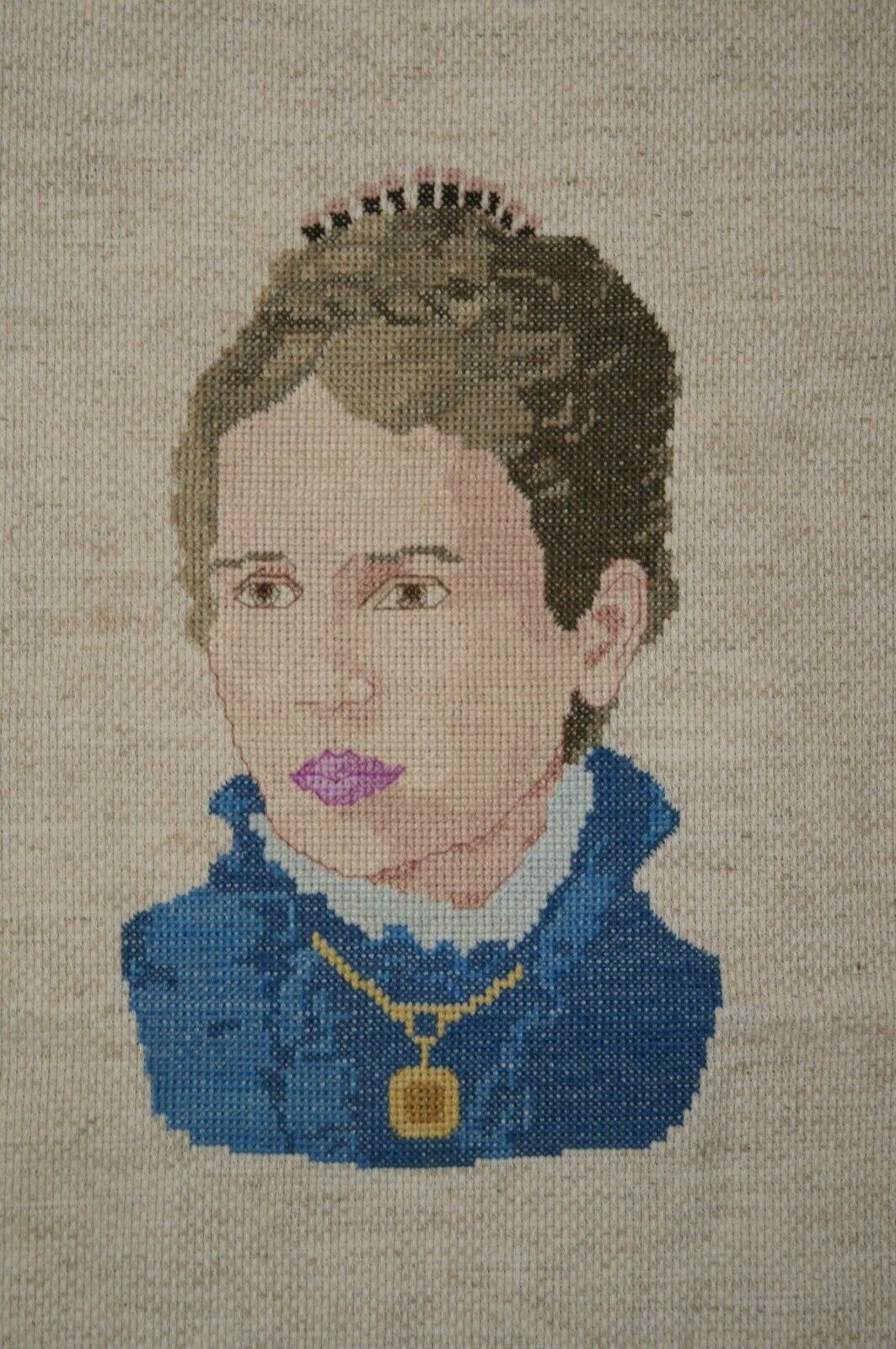 Completed Cross Stitch Womans Portrait Blue Shirt Brown Hair Necklace