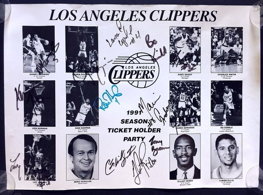 La Clippers 1991 Team Poster Signed By 13 Bo Kimble Doc Rivers Ron Harper