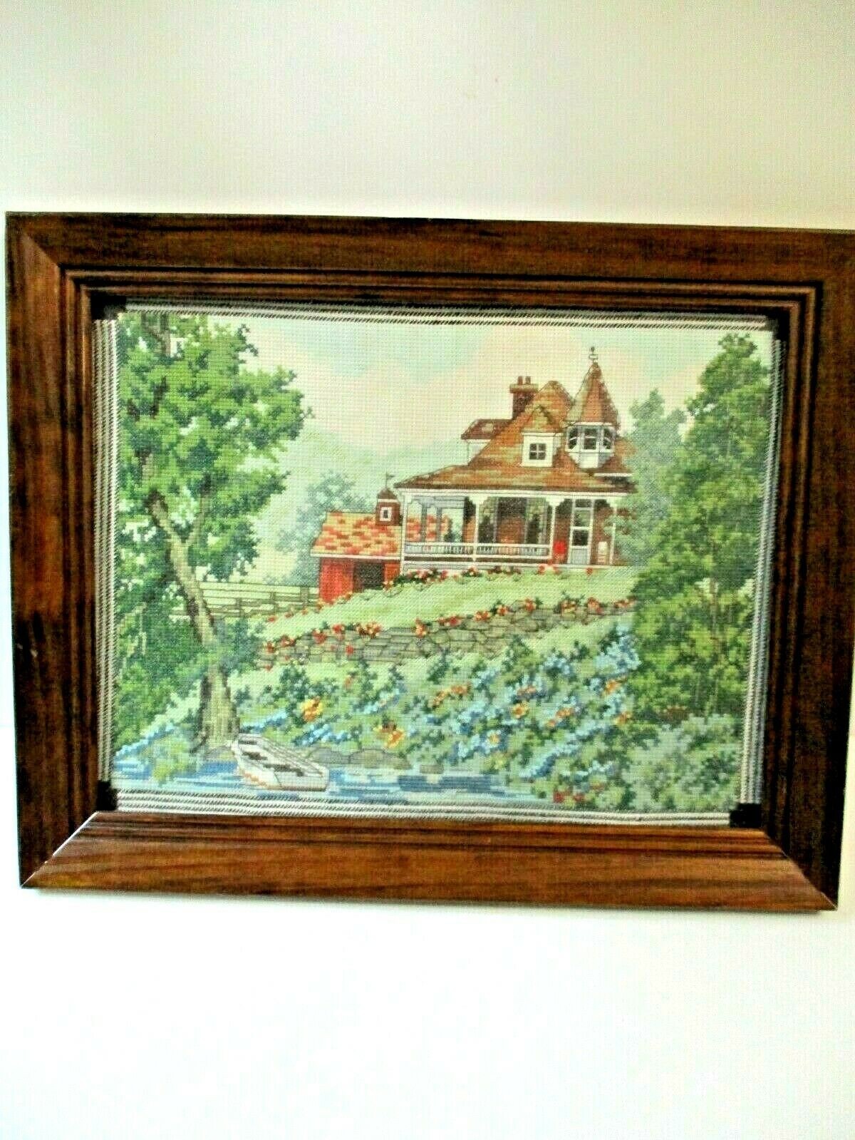 Completed Finished Framed Counted Cross Stitch Farm Water Home Victorian