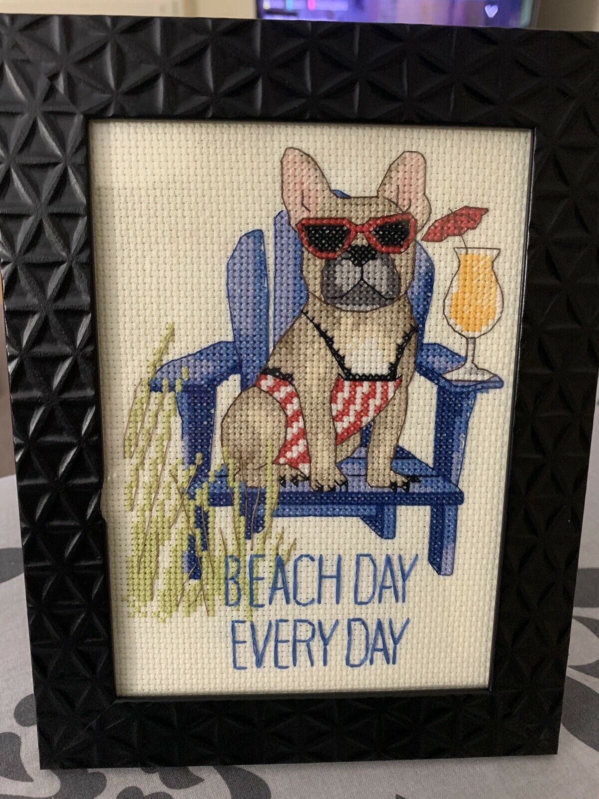Completed Finished Beach Day Dog 5 X 7 Framed Cross Stitch