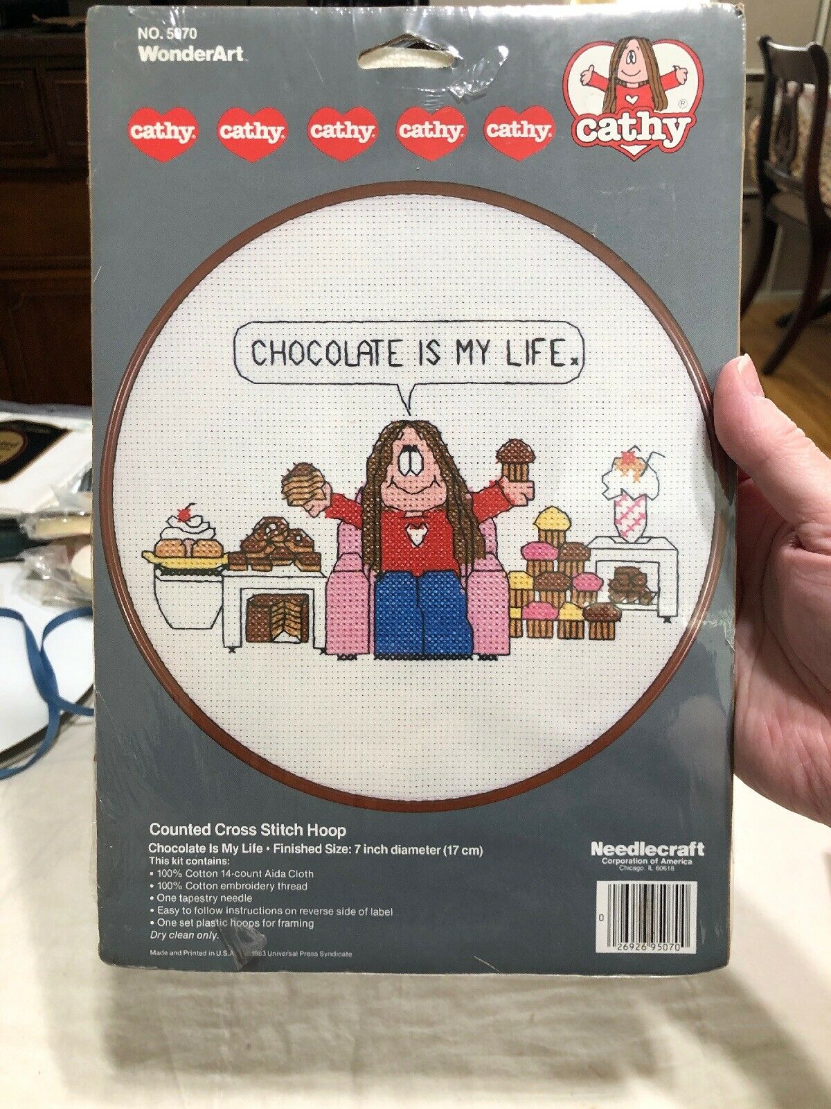 Htf Cross Stitch"cathy"comic Strip Chocolate Is My Life 7” Hoop Included Kit
