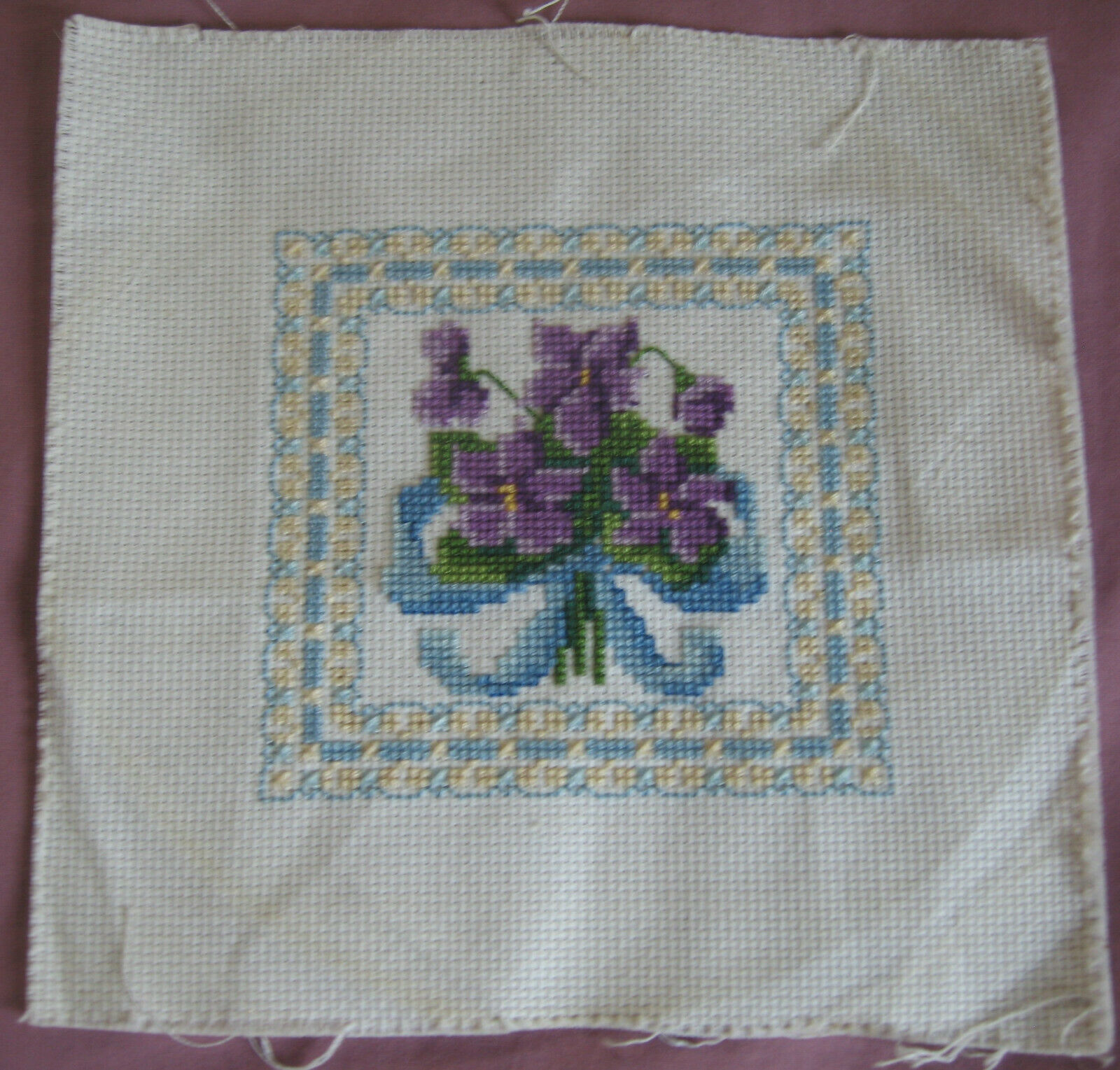 Counted Cross Stitch Violets Nosegay Bouquet Ready To Frame Purples Greens Blue